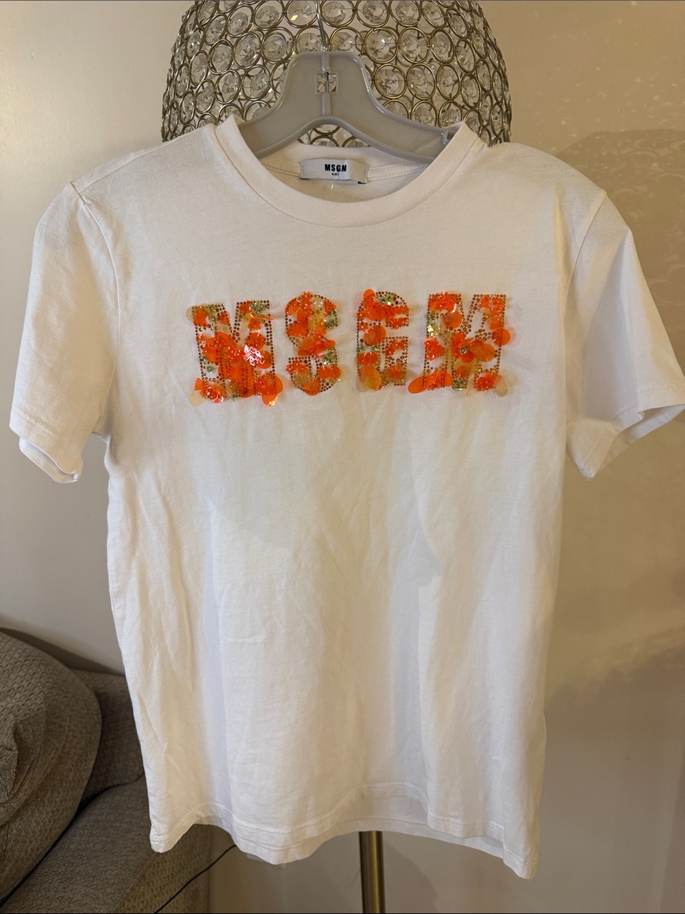 MSGM White T‑Shirt with Orange Sequin Logo Detail size 12-14 years